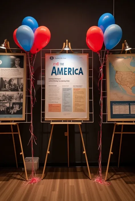  A stand where there is a poster attached to the wall with the word America and that has balloons on the sides, with two posters on the sides, one with only photos and the other with a map  