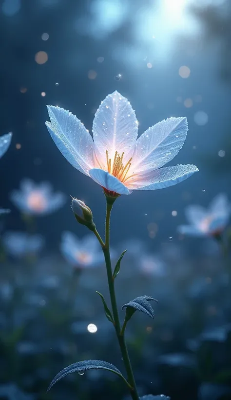 Animated image : "A single, radiant Silver Blossom glowing softly in the distance of a magical garden. The flowers petals are a pure silver, shimmering like moonlight, and dew drops on the petals sparkle like tiny stars. The air around the flower is charge...