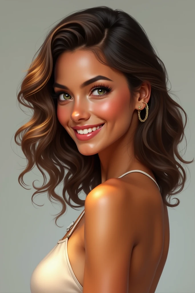 A realistic portrait of a Brazilian woman with green eyes, medium-length brown/chestnut hair with slightly curly, Brazilian-style waves. She has a beautiful sun-kissed, bronzed complexion, small dimples, and a slender hourglass figure. She is tall, with a ...