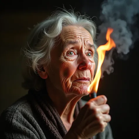  A 60-year-old woman ,  doing too much force to blow up a very weak fire, Almost without fire , Emphasize the Assorpo BY PECKING ON THE BASTARD MOUTH,  a lot of force when blowing ,  looking tired and almost giving up .