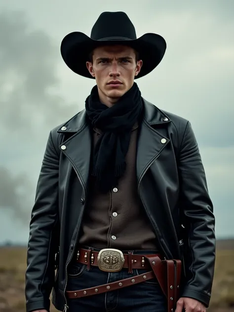 The image is a portrait of a young man dressed in a cowboy outfit. He is wearing a black cowboy hat with a wide brim and a black scarf around his neck. He has a large gun belt with multiple bullet casings attached to it. The man is also wearing a leather j...