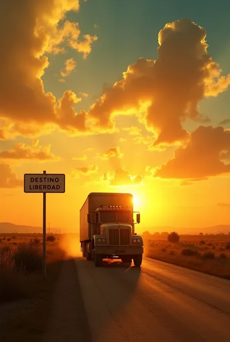 A lone truck driving into the sunset with a road sign saying “Destino: Liberdade.” The phrase “A estrada me chama, eu respondo” overlays the sky.