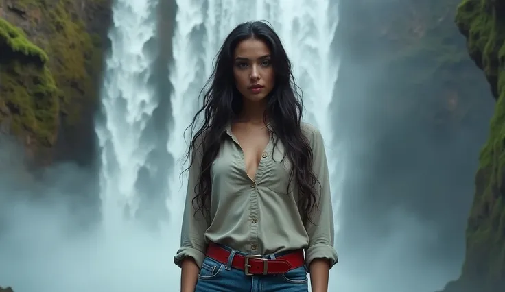 . It has distinctive details in high resolution, of an Arab woman wearing jeans with a red leather belt and a buttoned shirt. Sorry about the waterfall, she has a long black hair wet with water. She tries to dry her hair. The water is strong, creating a cl...