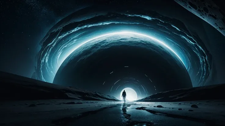 A traveler stepping through a black hole and entering a new universe, with a surreal, otherworldly landscape awaiting them, hyper realistic, highly detailed, 4k.