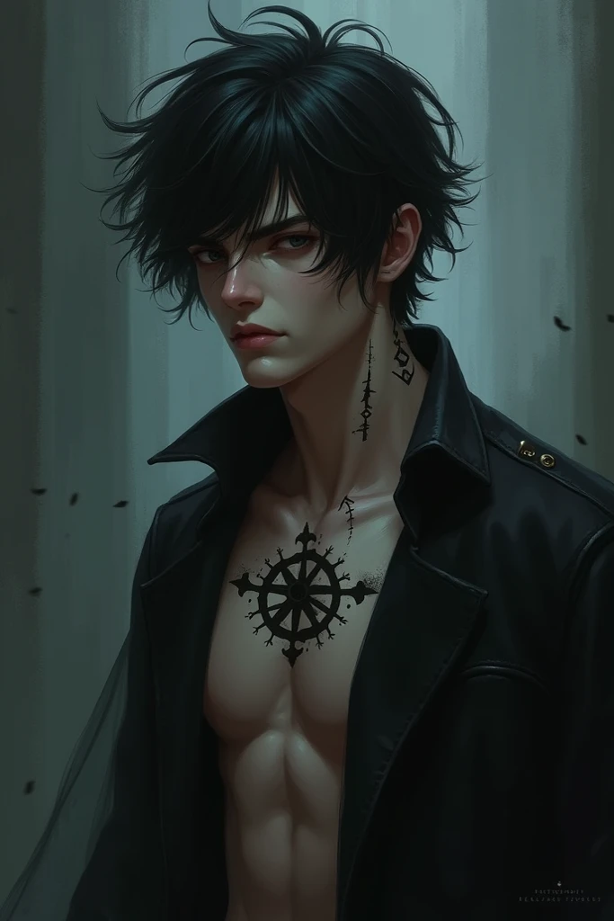 A handsome young male character with slightly long, messy black hair, pale and ashen skin,but the skin is a little tanned too,and striking black eyes that seem to hide a dark secret. He has a thin scar below his left eye and a dark, arcane mark on his neck...