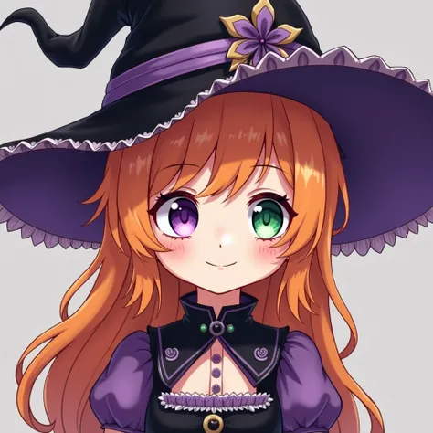  A purple and black witch hat with white details and flower ornaments, medieval dress with purple details with black ,  orange hair,  eyes with heterochromia ,  One green eye and another purple , appearing to be  , An innocent smile, cute and cheerful ,  e...