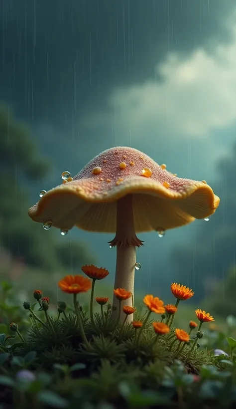 A small  covered the small flowers using the large leaf because the rain started to increase and dark clouds appeared in the sky 