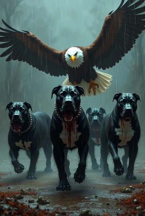 5 black pitbulls and nets in the rain and two lying eagles bleeding 