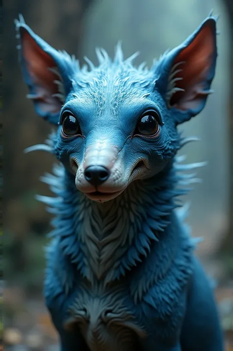  blue alien dog, beak , big mouth,  huge ear ,  Black Eyes, short snout