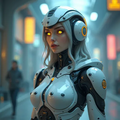 Biorobot, Futuristic, Mechanical elements, Metal inserts, Luminous eyes, Reliable, Intelligent, Beautiful.
Create an image of a biorobot named Alta, a resident of the futuristic city of 2077. Alta has a human-like appearance, but with noticeable mechanical...