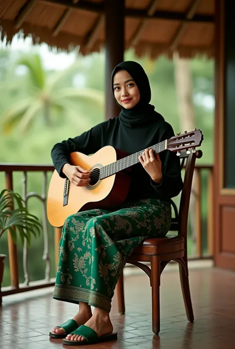 A beautiful Dutch and Indonesian Peranakan girl wearing a hijab, wearing a black sweater, wearing a green batik cloth, wearing leather green sandals, sitting while playing the guitar sitting on a wooden chair on the terrace of a house made of bamboo roof w...