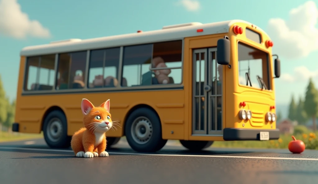 Generate a high quality 3D image: an orange cat is in the road just side the bus and the bus is totally damaged and windows are broken and an orange cat got high  injured.