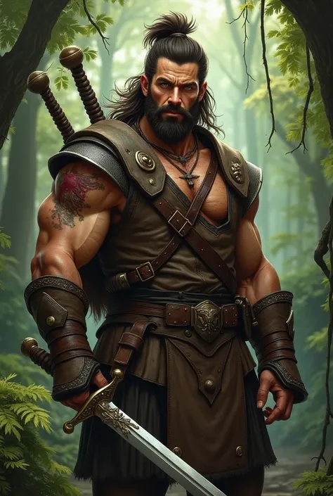  Make me a picture of my DnD character .  He has dark brown hair and a short full beard. His race is human .  He wears brown leather armor .  On his back he has two swords . He looks dangerous .  But still friendly . he is muscular.  He has deep green eyes...