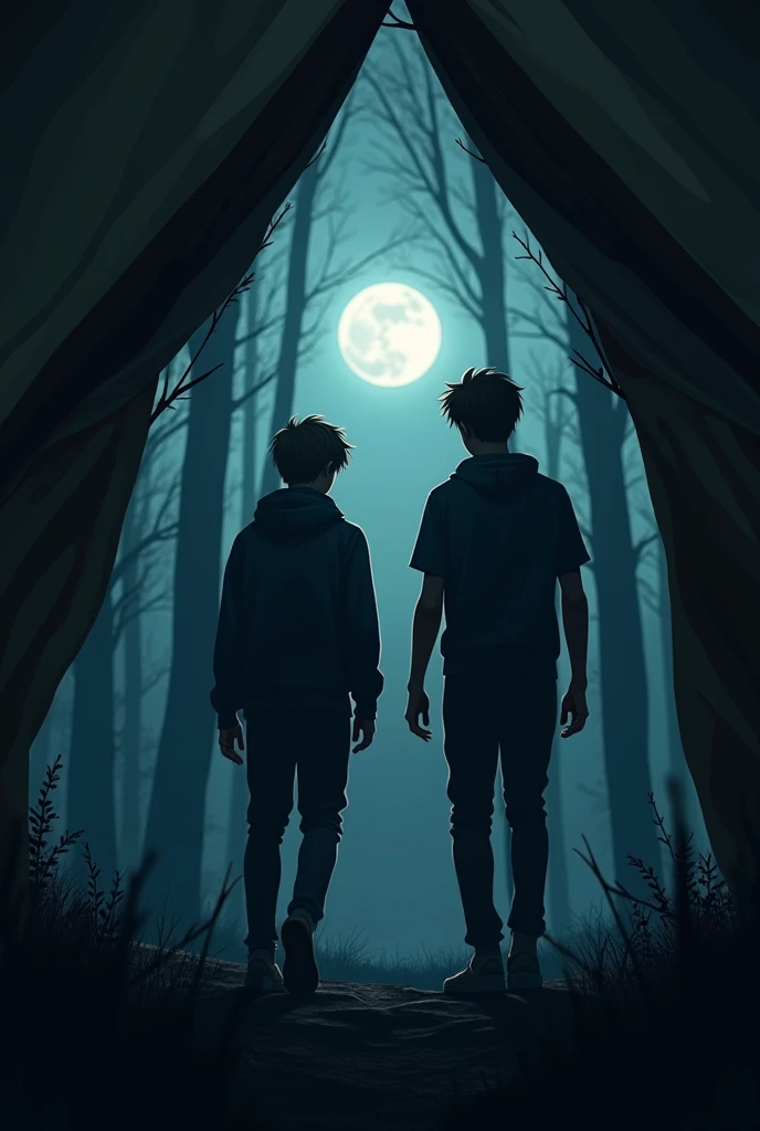 Max and Simon, laughing nervously, step out of the tent into the dark forest, their figures silhouetted by the faint moonlight. They exchange jokes to calm their nerves, but their faces reveal a sense of unease as they glance into the dense, shadowy woods....