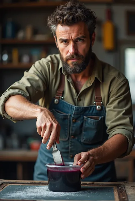 A screen printer man carrying a container of  ink with left hand and holding a spatula using the right hand ready for mixing the ink portrait facing camera