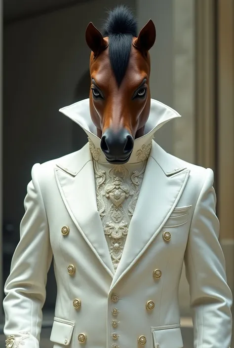 Tall man, brunette, with a fancy white outfit ,   with a brown horse mask that covers the entire head,  on top of the mask there must be a black tuft ,  the tuft has to be smoother and harder , And he cant smile ,  his clothes have to be more flashy ,  and...