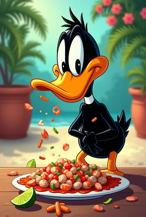 Daffy duck eating ceviche spilling everything