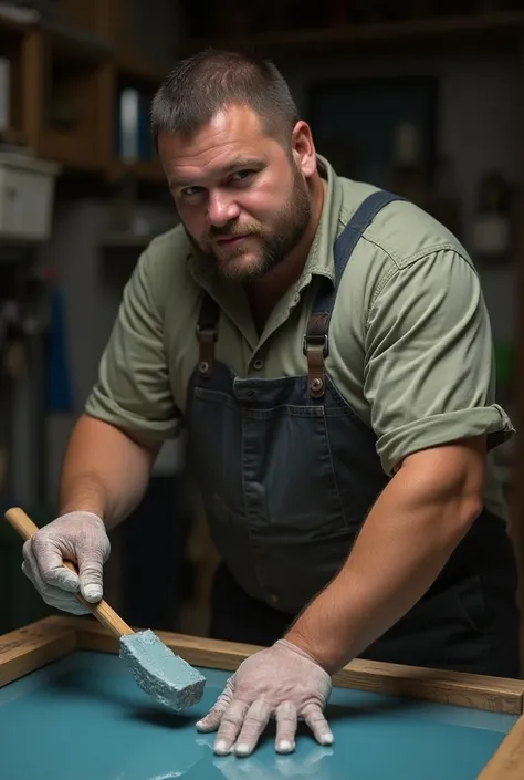 A screen printer man carrying a container of  ink with left hand and holding a spatula using the right hand ready for mixing the ink portrait facing camera