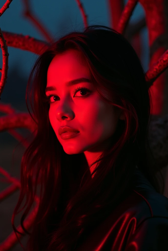 Beautiful woman with perfect face and makeup, at night against the background of twisted branches, absorbing the calm atmosphere, palette dominated by dark tones of red and black, beautiful smile, free imagination, fashion art station, sharp focus, studio ...