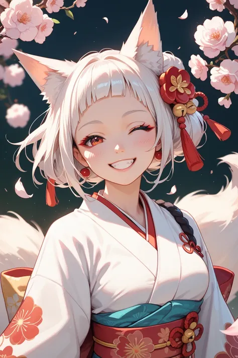  a demi-human fox girl , Make her wearing kimono ,  her white hair that reminds of a Kitsune goddess,  do it with a smile on her face and happy 