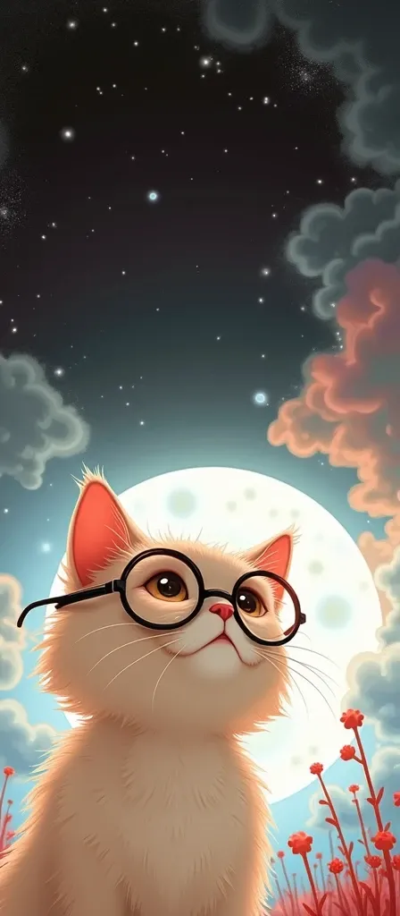  The cat in the picture with round lenses, looking at the moon with bright colors  