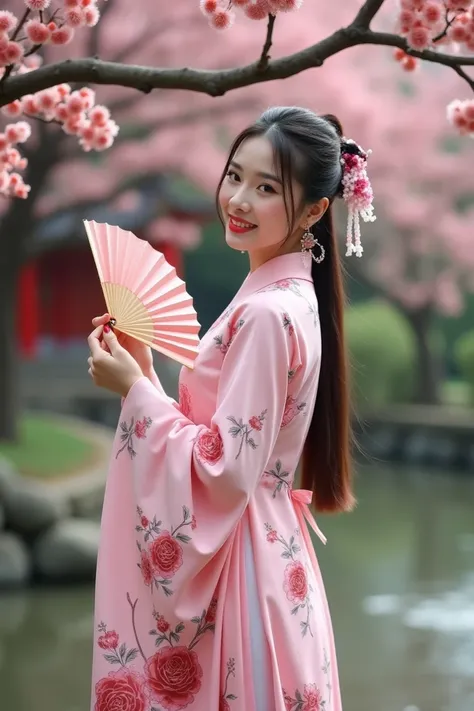 
 natural potrait photography of an asian woman wearing a pink hanfu dress black rose floral print posing standing carrying a paper fan, ponytail hair , smiling. backgroud lychee tree in a park  ,red temple ,small river, small wooden bow , super hyper deta...