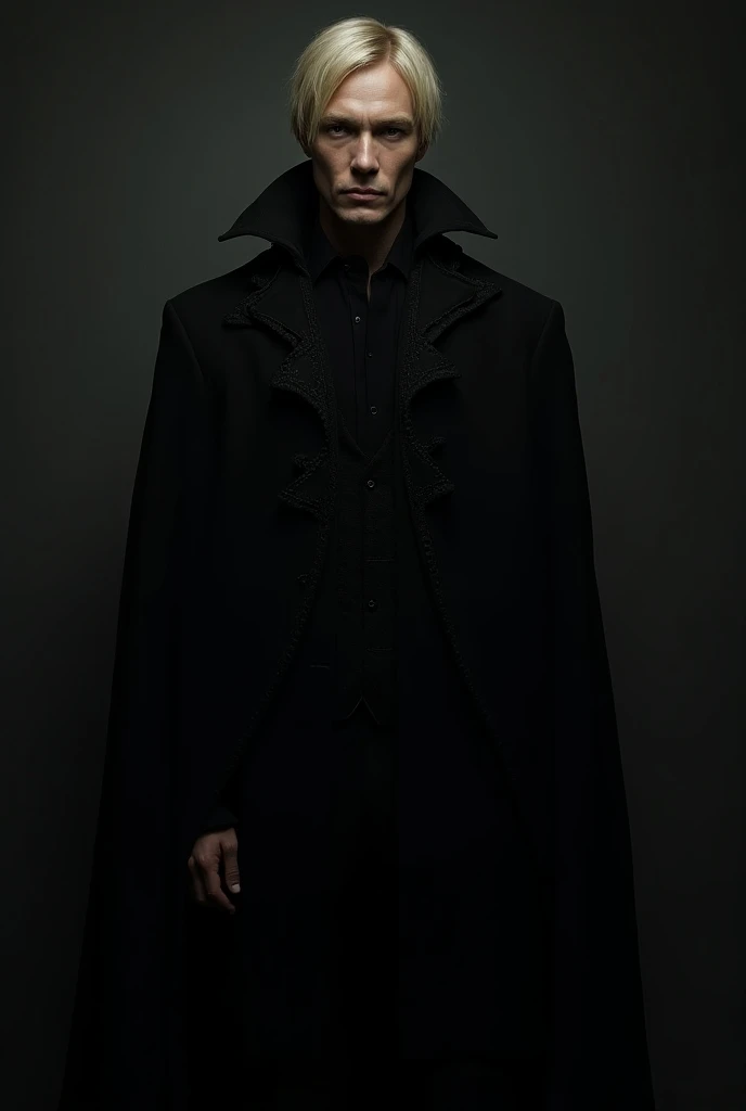 "The tall man with not very strong physique blond hair that reaches his cheeks white skin looks intimidating black he is Russian all black clothes with an elegant cape and exudes an intimidating and oppressive aura."