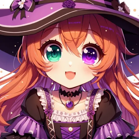  A purple and black witch hat with white details and flower ornaments, medieval dress with purple details with black ,  orange hair,  eyes with heterochromia ,  One green eye and another purple , appearing to be  , An innocent smile, cute and cheerful ,  e...