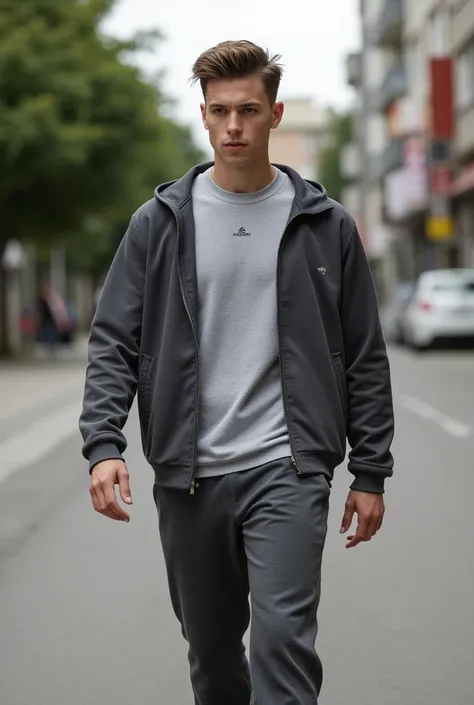  The face is more serious and intimidating .  Hes strong for playing ,  So there are apparent muscles on the entire body .  He wears gym clothes , Because its in the morning ,  a sweatpants and a light gray sweatshirt and a long sleeve shirt on top ,  whic...