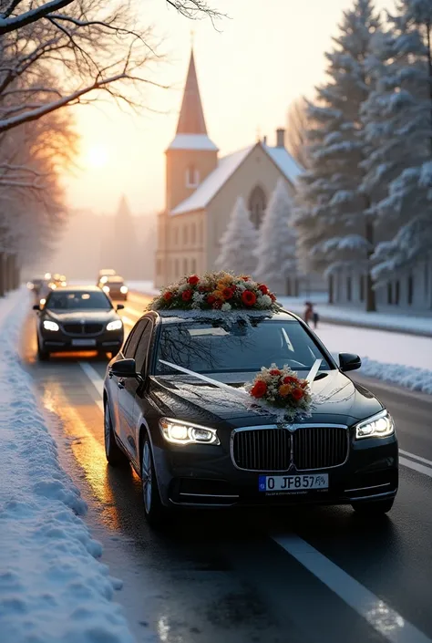 Une voiture décoré de mariage en route pour léglise avec dautres voitures teinté noir avec des personnes à lintérieur, lambiance festive, le soleil glacial, réaliste 