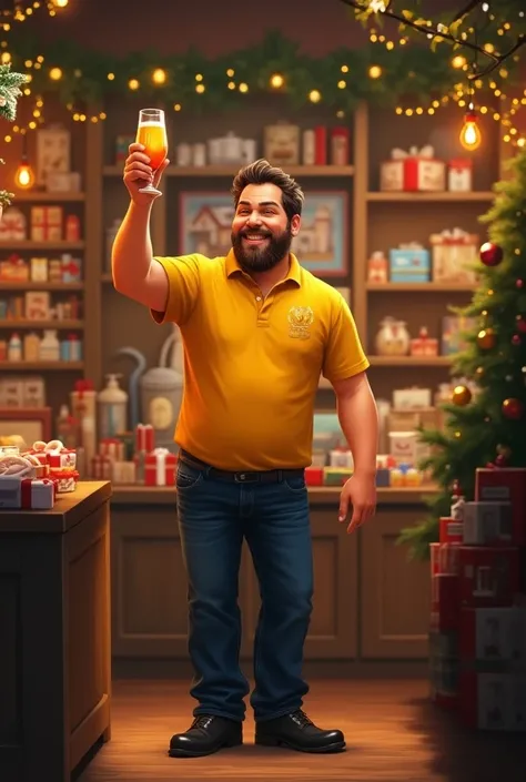 35-year-old boy ,  Dark brown hair, yellow polo ,  blue jeans pants ,  black shoes toasting the anniversary of their gift shop at Christmas time