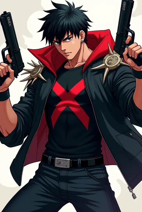 20-year-old anime boy with black hair fuss black eyes marked and muscular physique with a black jacket with a red hood with thorns on his shoulders a scared black t-shirt a red X on his chest black pants with navy blue black combat boots 2 guns in hands Ma...