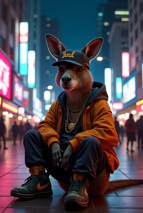 Kangaroo dressed as an urban rapper sitting in a plaza at night 