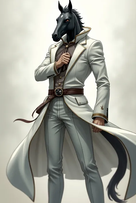 Tall man, brunette, with a fancy white outfit ,   with a brown horse mask that covers his entire head,  on top of the mask there must be a black tuft ,  the tuft has to be smoother and harder , And he cant smile ,  his clothes have to be more flashy ,  and...