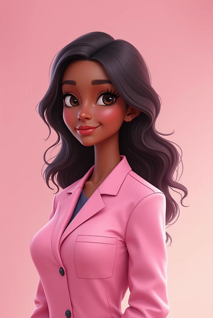  Disney Pixar style image completely in pastel pink tones ,   of a 25-year-old cosmetologist with a slim build, of dark skin,  black eyes ,  loose dark brown hair , wavy and down the shoulder .
 With an elongated face and long eyelashes , defined eyebrows,...