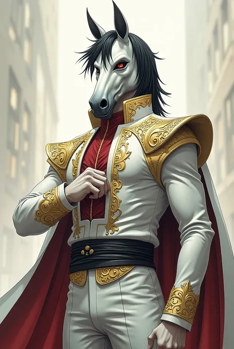 Tall man, brunette, with a fancy white outfit ,   with a brown horse mask that covers his entire head,  on top of the mask there must be a black tuft ,  the tuft has to be smoother and harder , And he cant smile ,  his clothes have to be more flashy ,  and...