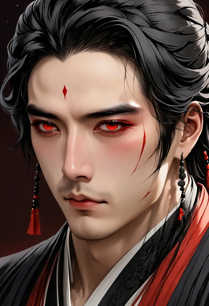 tmasterpiece, best qualityer, solo, 1boys, Vermilion hair, (scars in the face:1.3), Dark kimono, The upper part of the body, portraite of a, bloods, ssmile, white detailed eyes, Black detail hair