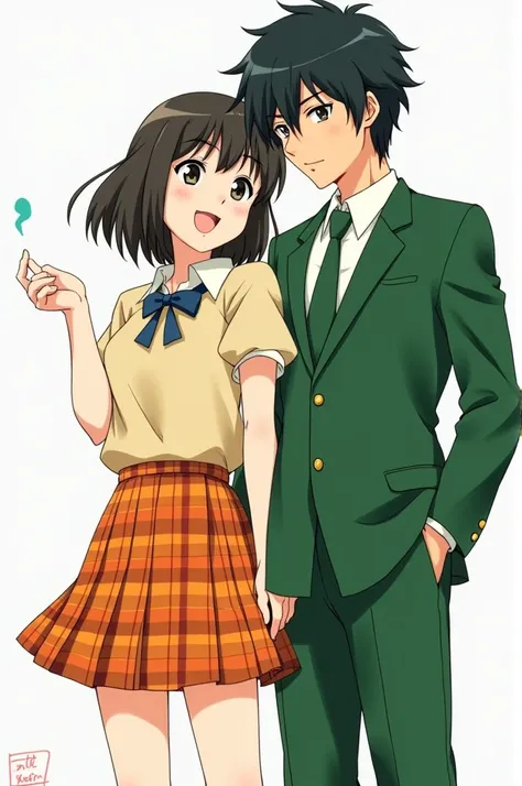 Anime boy in a orange plaid skirt and a short sleeve uniform top with an anime girl in a Green Suit jacket and green pants