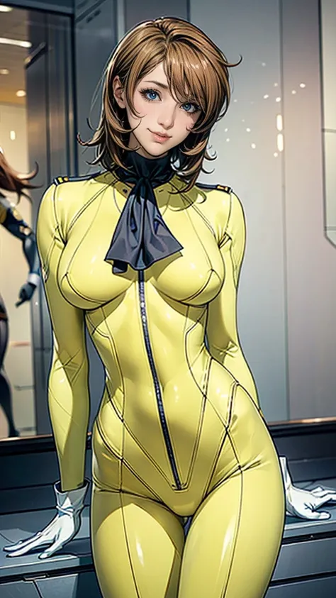 (masterpiece),( best quality),( very detailed),( high definition ),( photorealistic stick ),(Realistic),(8k),((( Software :1.5))), wallpaper, perfect lighting,break( One Woman ),((Moriyuki:1.5)),(Mori Bodysuit,  yellow bodysuit, belt:1.5),(Mori Uniform,  w...