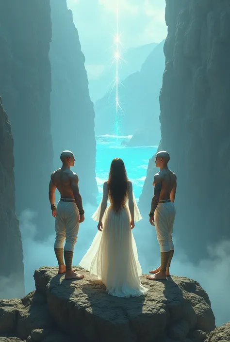 25 year old young man, slim,  long brown hair ,  wearing translucent transparent dress on top of a mountain, together with two twin warrior men , completely bald ,  opening an energy portal and through the , you can see a paradisiacal beach 