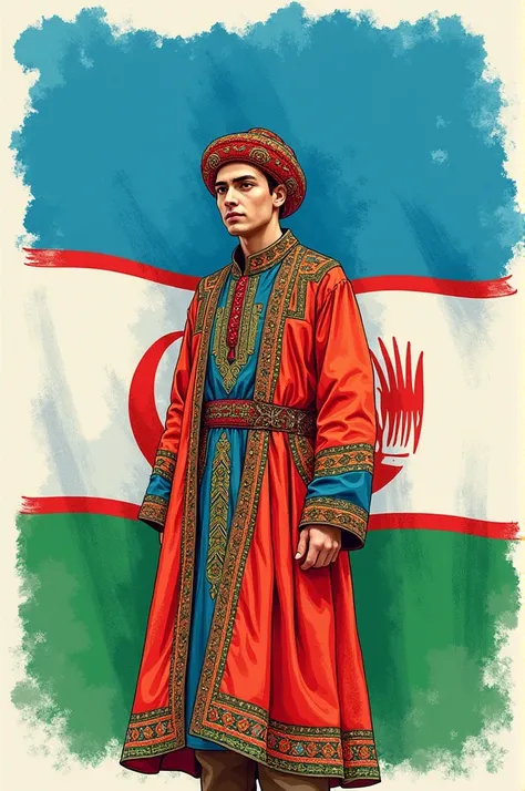 Uzbekistan flag with ren wear uzbek national custome picture is hand drawn ren draw