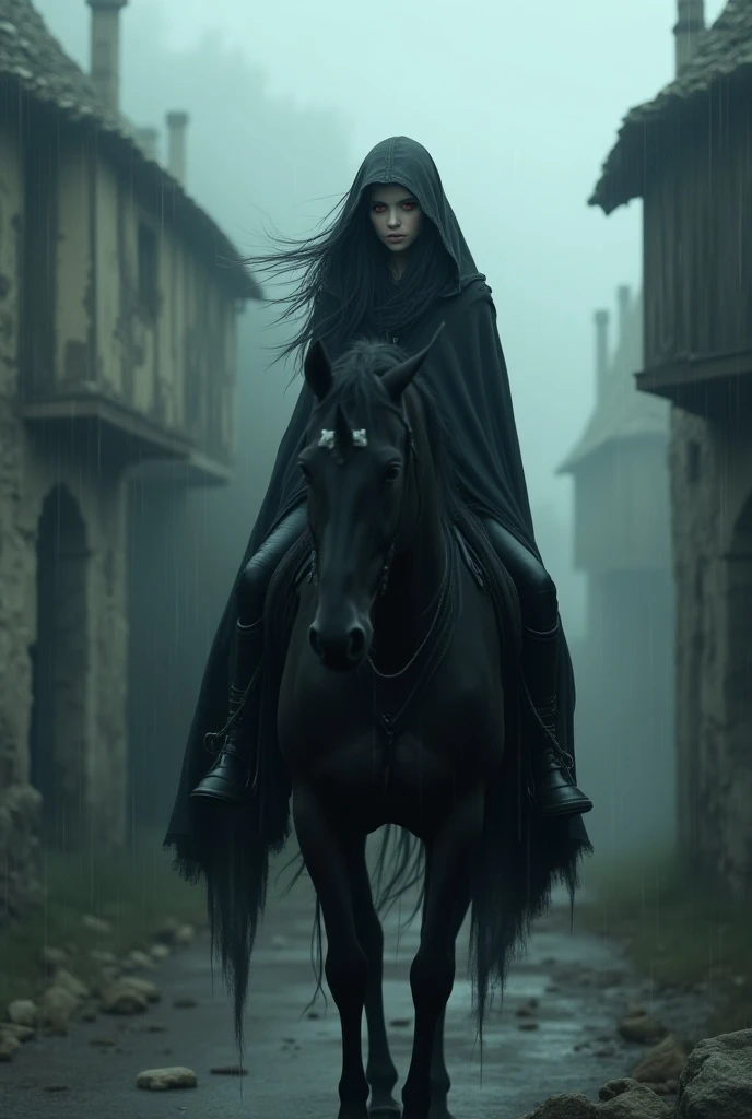  A red-eyed girl with black hair ,  in a hooded cape . 
 A black unicorn rides .  An abandoned medieval village is around. it&#39;s raining heavily, and thick fog . 