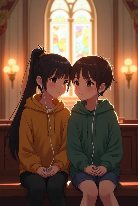 A boy and a girl, who are friends, are sharing the same wired earphones to listen to music in a church (both looking straight not eachother)