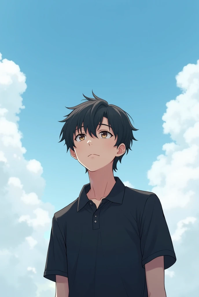 A wavy haired teenage boy with black polo looking at the sky in anime mode