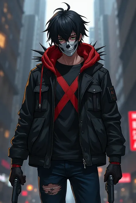 20-year-old anime boy with black hair fuss black eyes marked and muscular physique with a black jacket with a red hood with thorns on his shoulders a scared black t-shirt a red X on his chest black pants with navy blue black combat boots 2 guns in his hand...