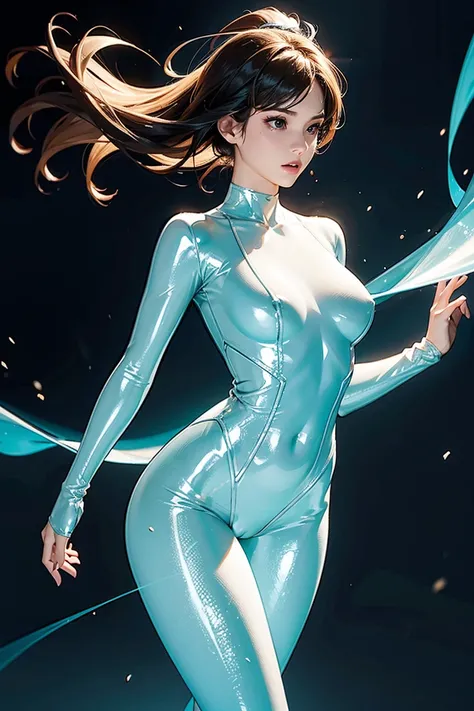 A beautiful woman with a perfect body, glowing translucent bodysuit, dynamic pose