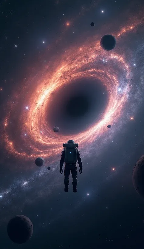 An astronaut floating in space, gazing at the distant black hole, illuminated by the glow of nearby galaxies, symbolizing the unknown, hyper realistic, highly detailed, 4k.