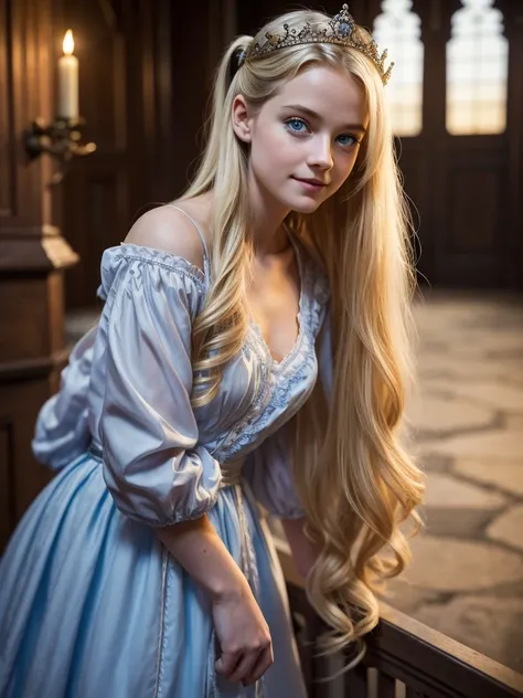 Virginia Otis,  (blond hair, blue eyes), thin, cute face,large v-neck
 walks at night in Canterville Castle, 1B, (maciço_clivagem:1.4)twintails, , with bangs, (white embroidered cotton micro panties), blue bow, female model, princess, crown, smile,
(inspir...