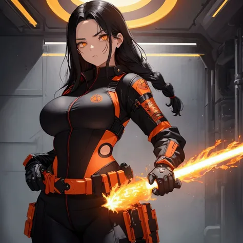 With her reddish-black hair pulled into a loose braid, Stella’s amber eyes glow like twin suns, full of fire and determination. Her fit curvy body is clad in a matte black space suit with orange accents, designed for both combat and engineering tasks. The ...