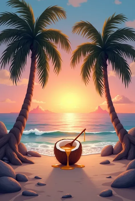  A sunset on the beach with two palm trees and a coconut in the middle a little broken pouring honey, I want it to make like a drawing 